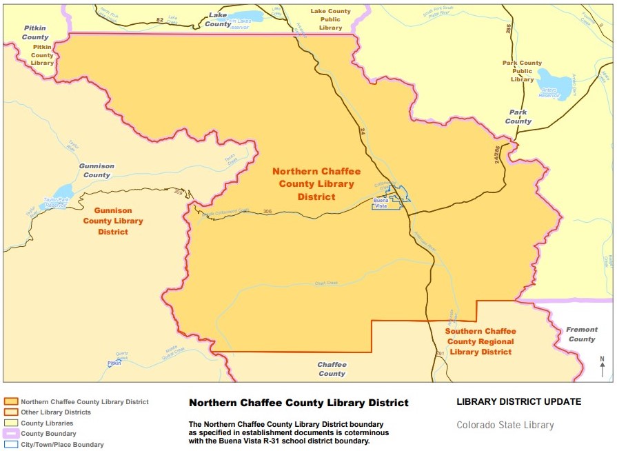 Boundaries of the Library District extend from Centerville north to Clear Creek Resevoir and west from Trout Creek Pass to the Continental Divide, roughly 460 square miles.